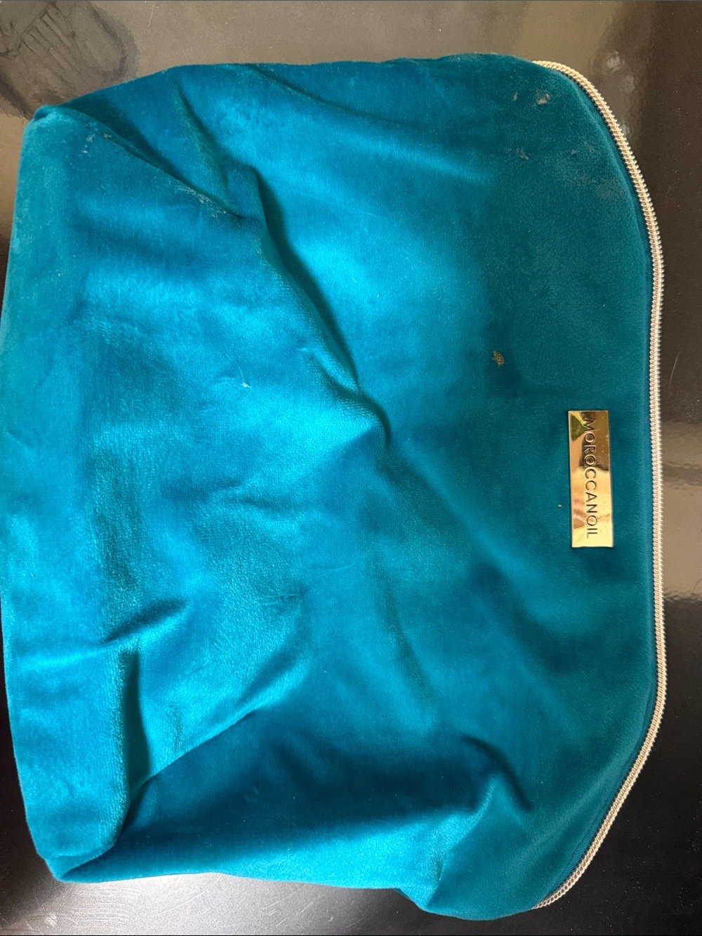 Moroccanoil Teal Velvet Cosmetic Pouch with Gold Logo Plate